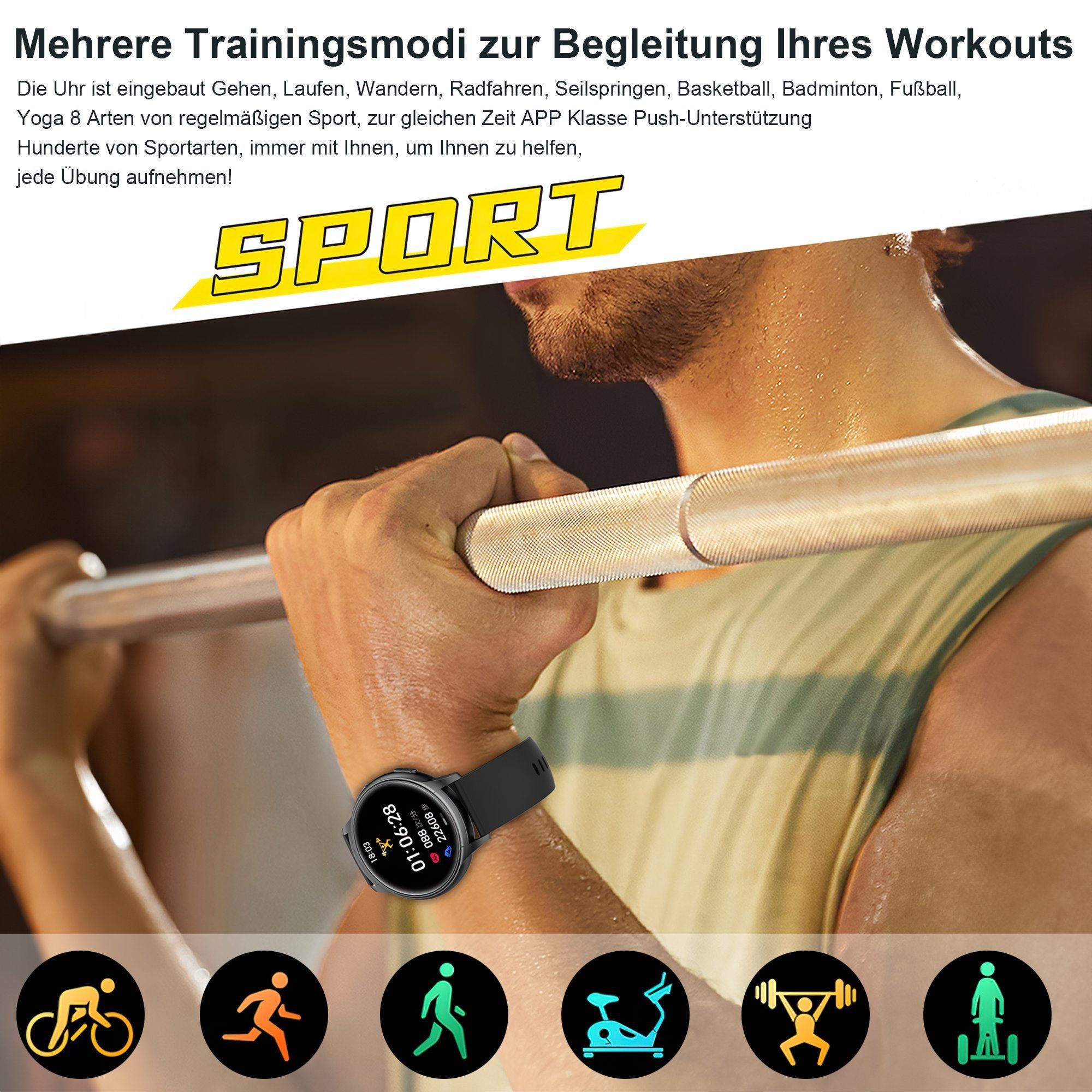 Mutoy Smartwatch Damen Herren Smartwatch, Fitness Tracker Uhr mit Anrufe Smartwatch (Enthält ein Stahlgürtel und ein Silikon Armband, Fitnessuhr mit Telefonfunktion, IP67 Wasserdicht,1.52