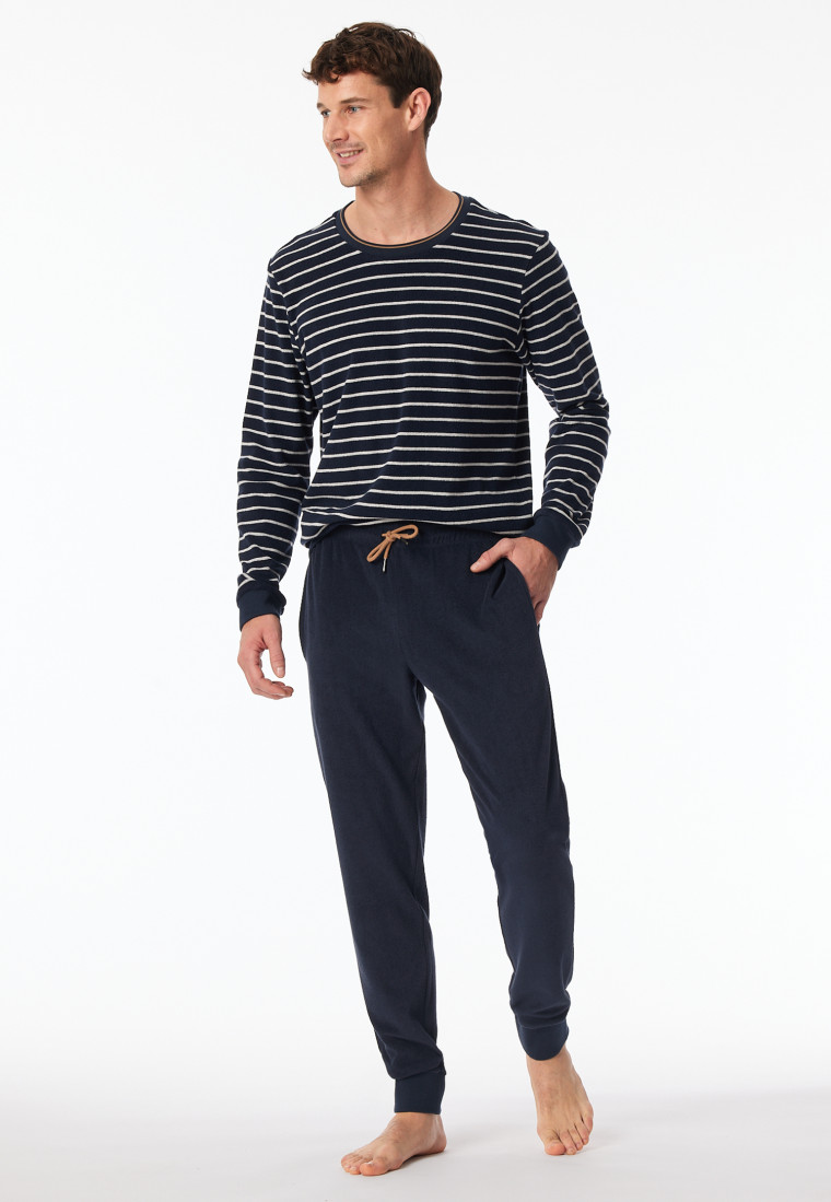 Schlafanzug lang Frotttee Bündchen Streifen nachtblau - Casual Nightwear