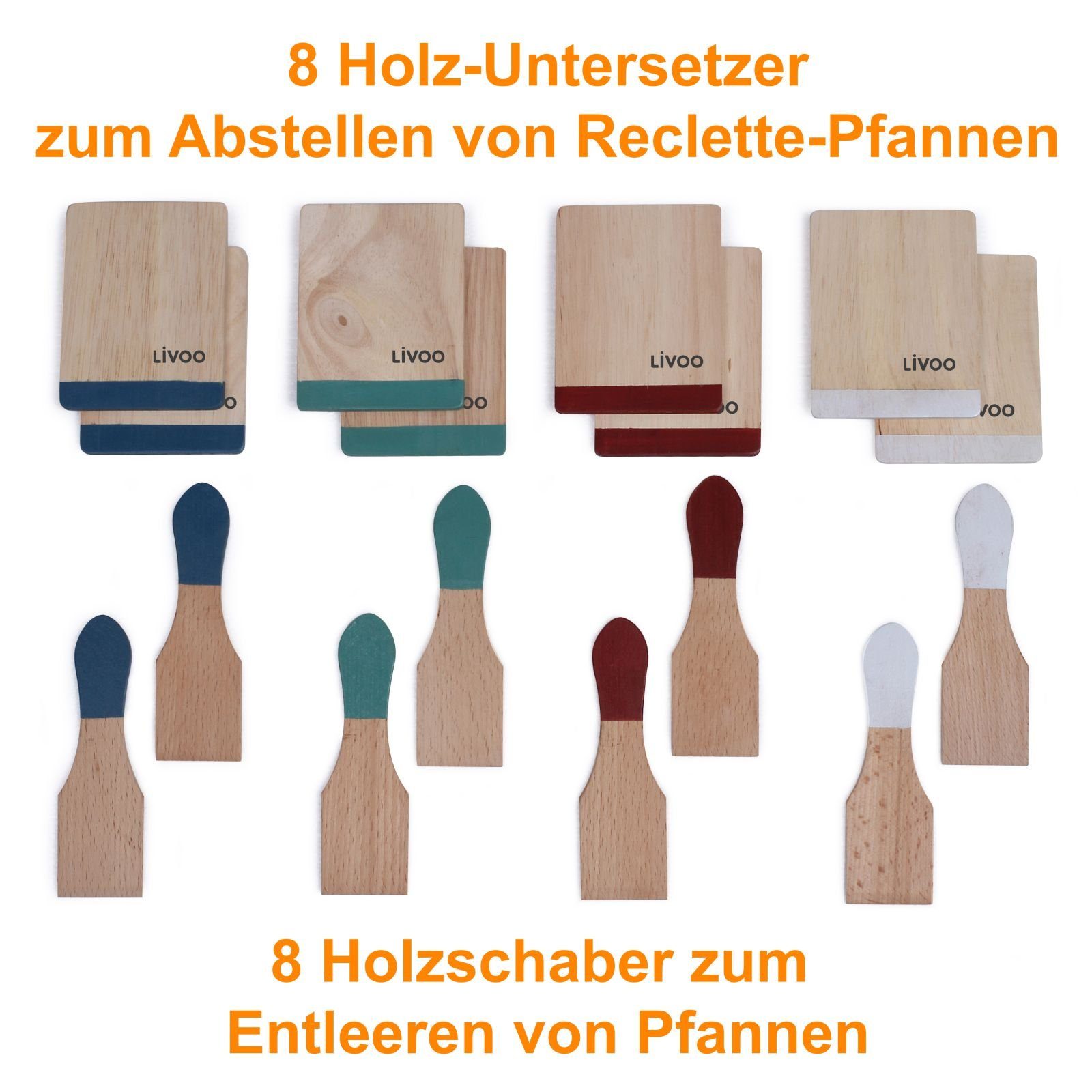 LIVOO Raclette LIVOO Raclette-Zubehör 8 Personen Schaber Untersetzer Holz bunt MEN391, 8 Raclettepfännchen, Transporttasche, Holzspatel, Holzspachtel, Pfännchenablage