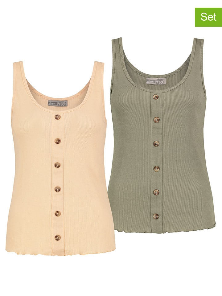 Stitch & Soul 2er-Set: Tops in Oliv/ Apricot günstig kaufen