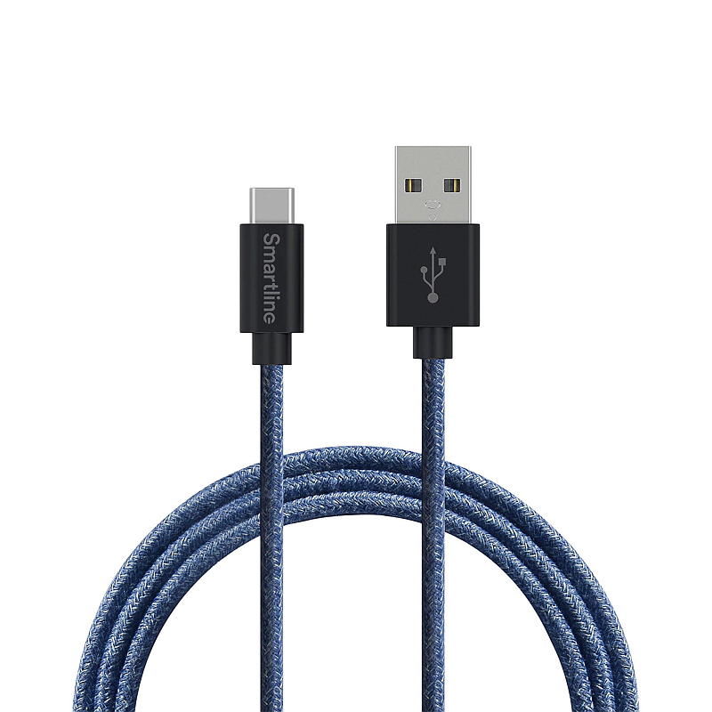 Smartline Ladekabel 2 m USB-A til USB-C blå Fuzzy