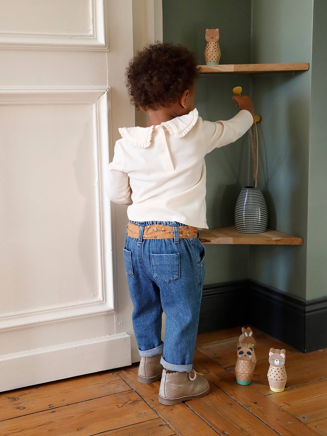 Vertbaudet Mädchen Baby Jeans mit Stoffgürtel - grauer denim