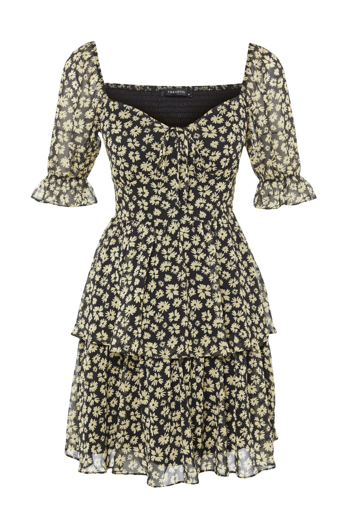 Trendyol Collection  Schwarzes, gewebtes Minikleid mit Blumenrock, Volant und Chiffonfutter TWOSS22EL2772
