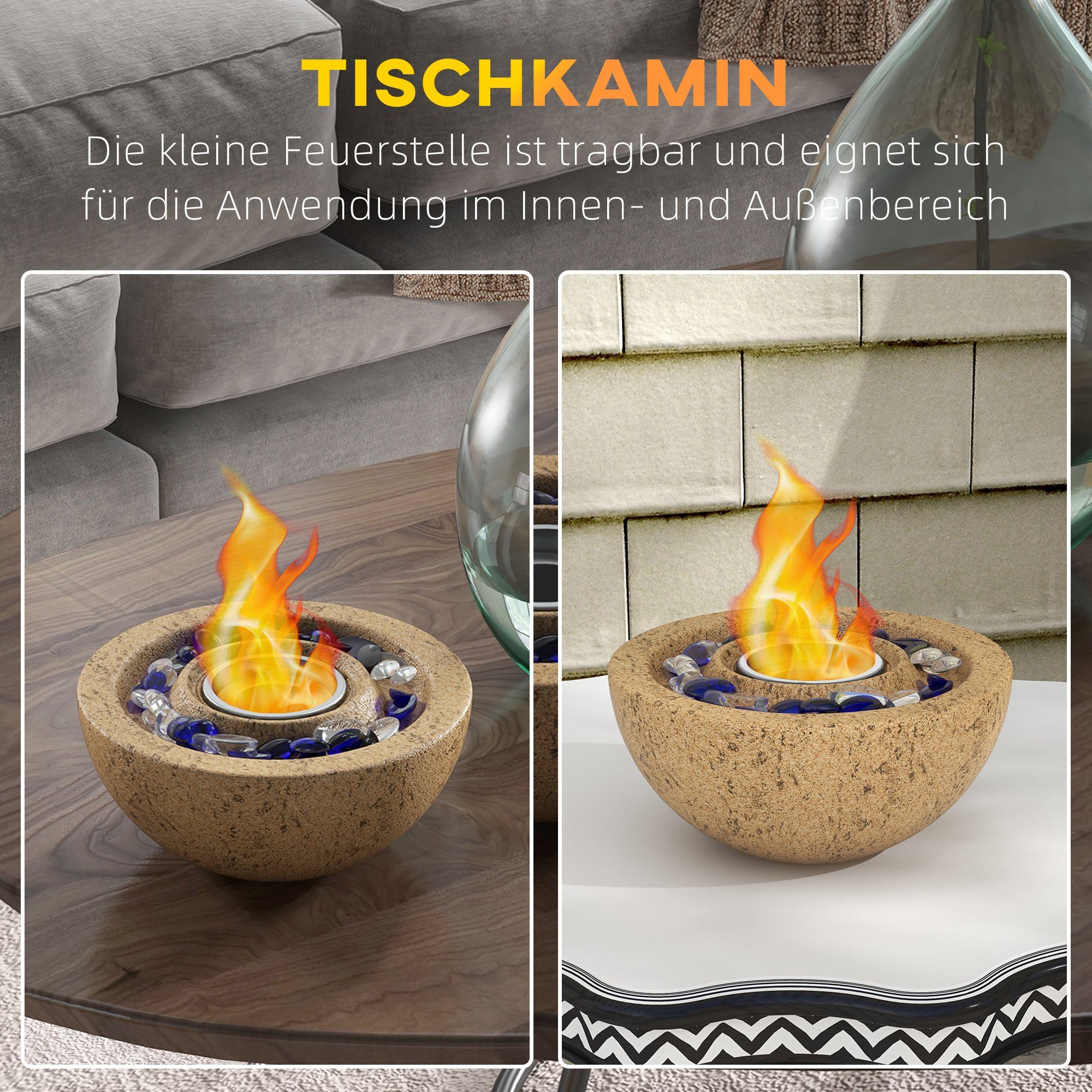 HOMCOM Echtfeuer-Dekokamin 0,4L Tischfeuer mit Feuerdeckel, Ethanol-Feuerschale mit Steinoptik (Ethanol Kamin, 1-St., Tischkamin), für bis 10 m² Wirkungsbereich, Gelb