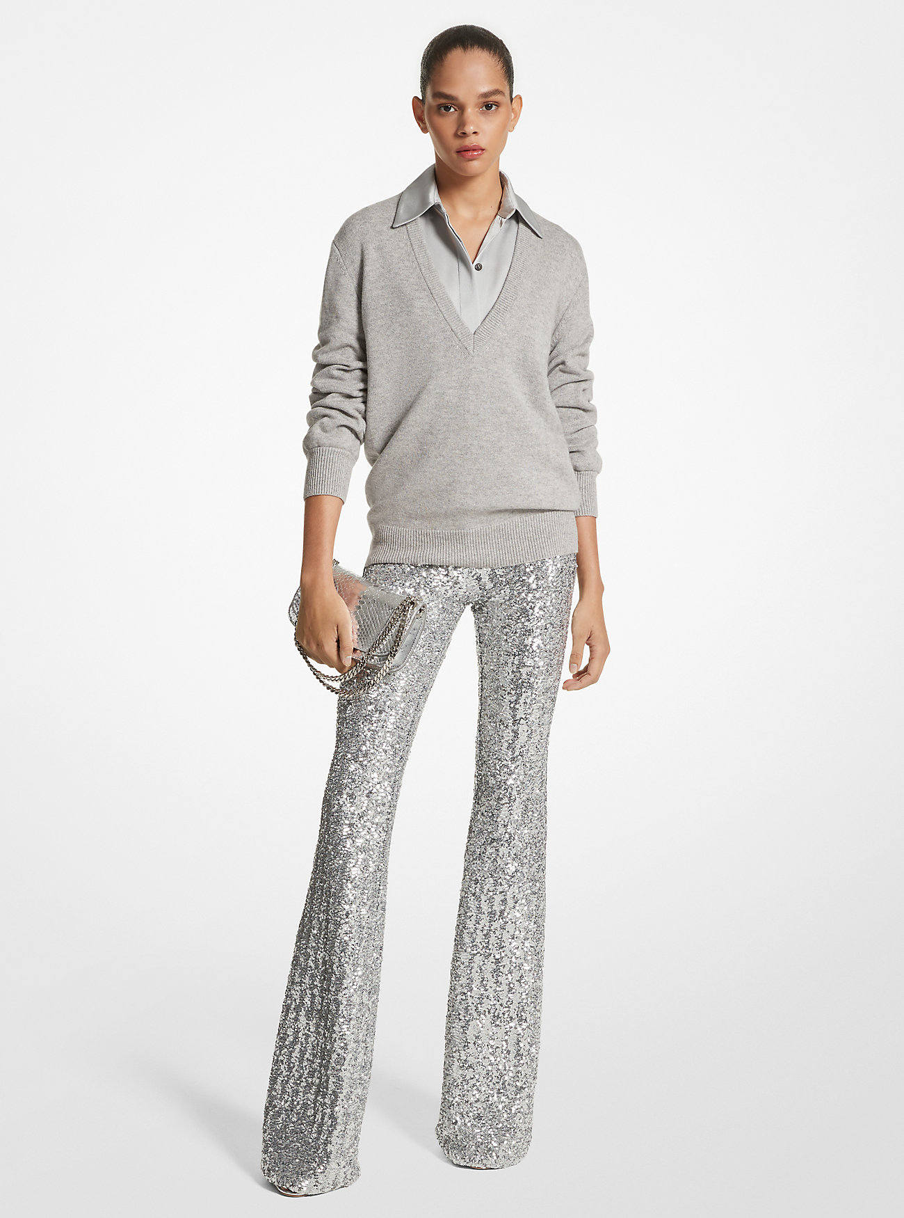 Sequined Stretch Tulle Flared Pants - SILVER