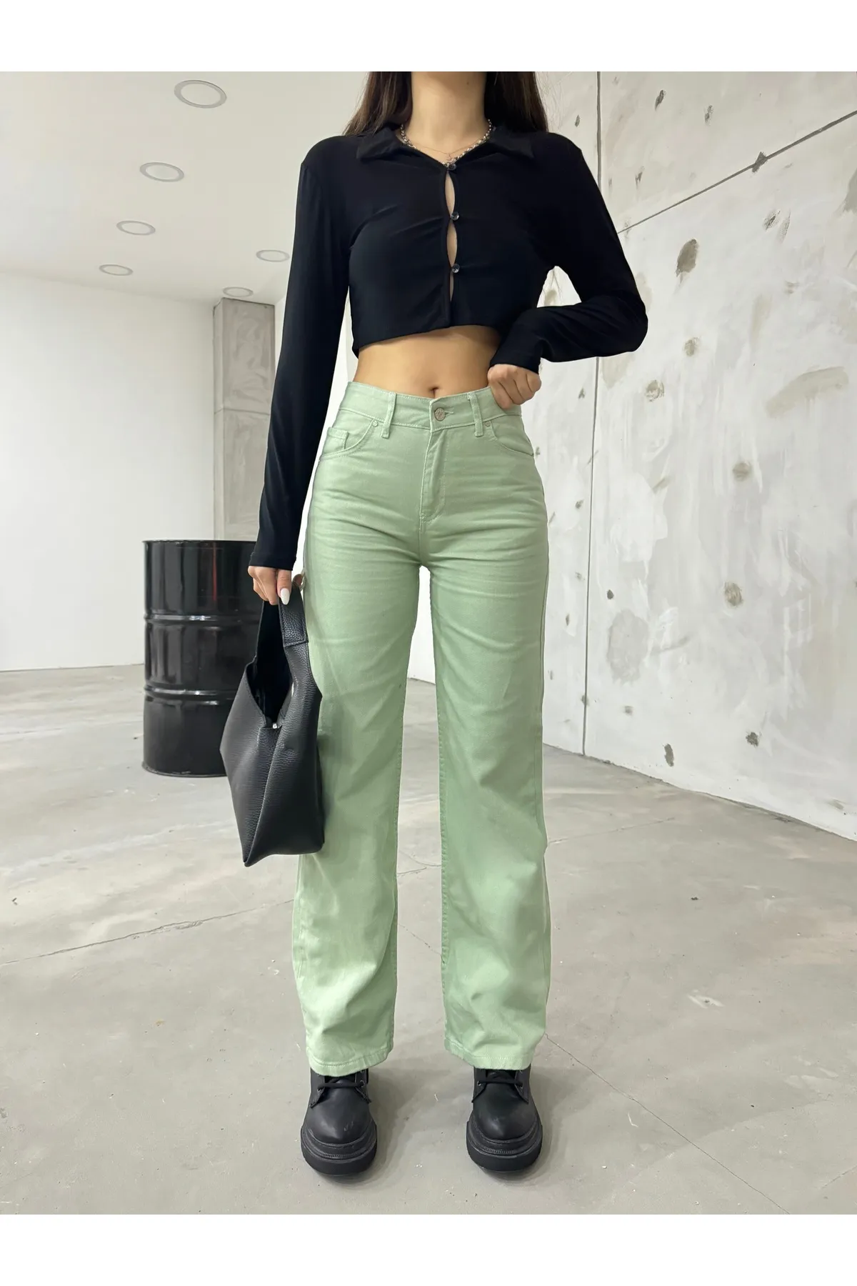 BİKELİFE  Aquagrüne Palazzo-Hose mit weitem Bein und hoher Taille für Damen