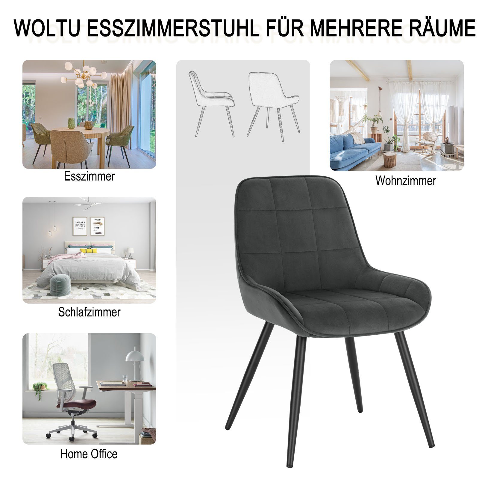 Woltu Esszimmerstuhl (4 St), Polsterstuhl Samt Akzentstuhl mit Rückenlehne