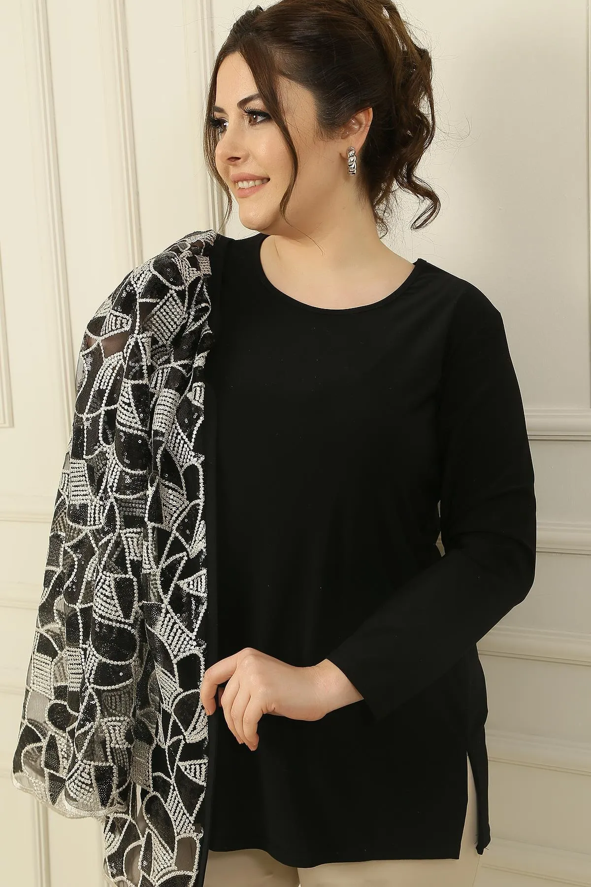 By Saygı  Bluse mit Ärmelinnenseite, Pailletten bestickte Tülljacke, große Größe, 2-teiliges Set