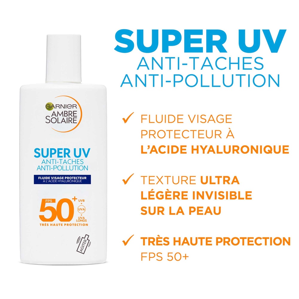 garnier Ambre Solaire Super UV Visage Fluide protecteur à l'acide hyaluronique FPS 50+ anti-taches anti-pollution
