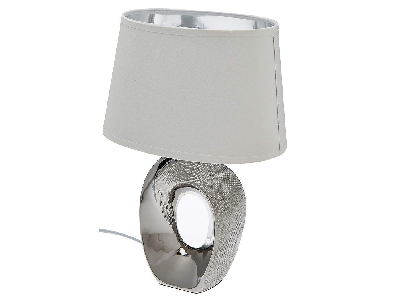 meineWunschleuchte LED Tischleuchte, LED wechselbar, Warmweiß, ausgefallen-e Design-er Lampe mit Stoff Lampenschirm Weiß Silber, 33cm