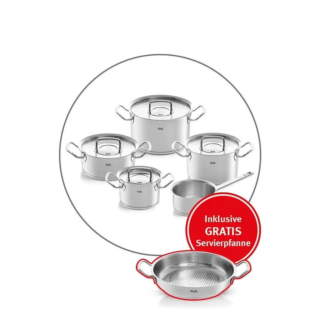 Original-Profi Collection® 5-teiliges Set aus Kochtöpfen, Bratentopf, Stielkasserolle + Gratis Servierpfanne