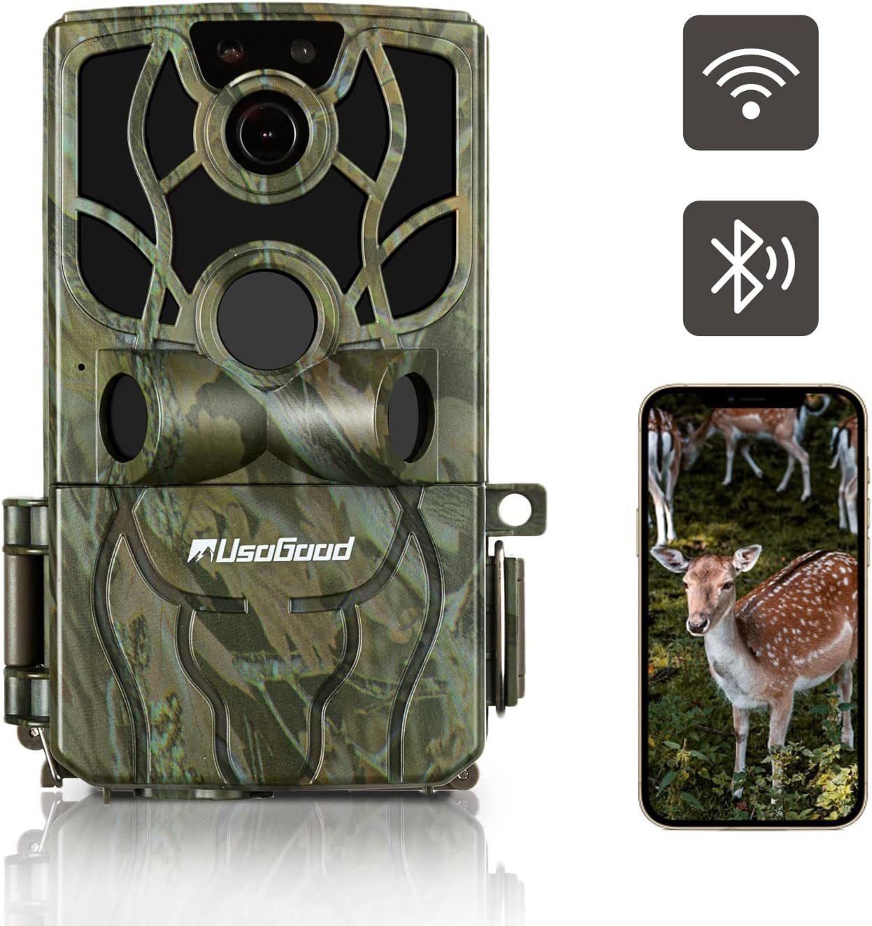 Usogood TC80 WLAN Wildkamera 4K 48MP 30fps Wildkamera mit Bewegungsmelder Wildkamera (Außenbereich, Wild, Bluetooth mit Nachtsicht, bewegungsaktivier,60°/120° Bewegungssensor, 0.3s Auslöserbewegung aktiviert 20 Meter 120°Weitwinkel, 36 Stück 850-nm-I