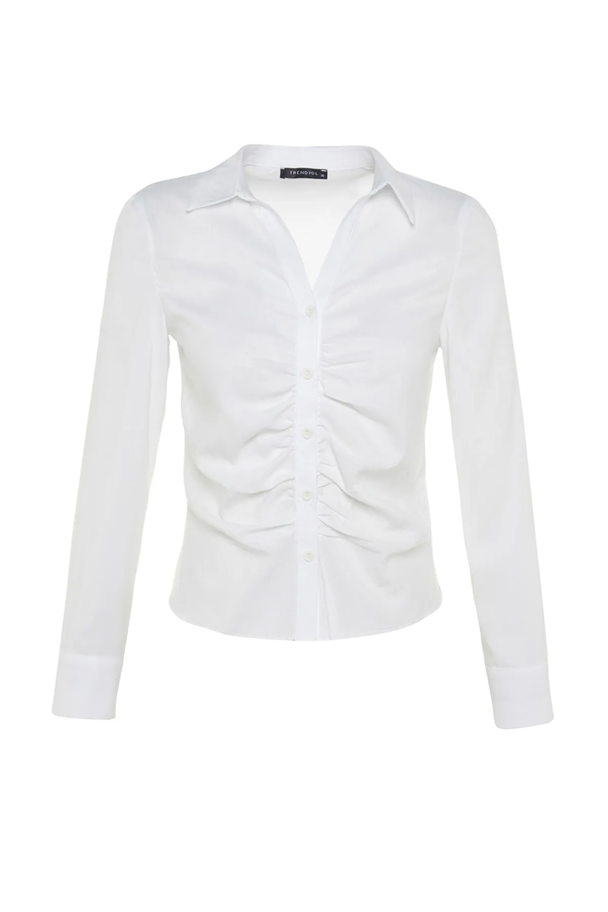 Trendyol Collection  Ecru-gerafftes, tailliertes/Slim-Fit-Webhemd TWOSS23GO00177