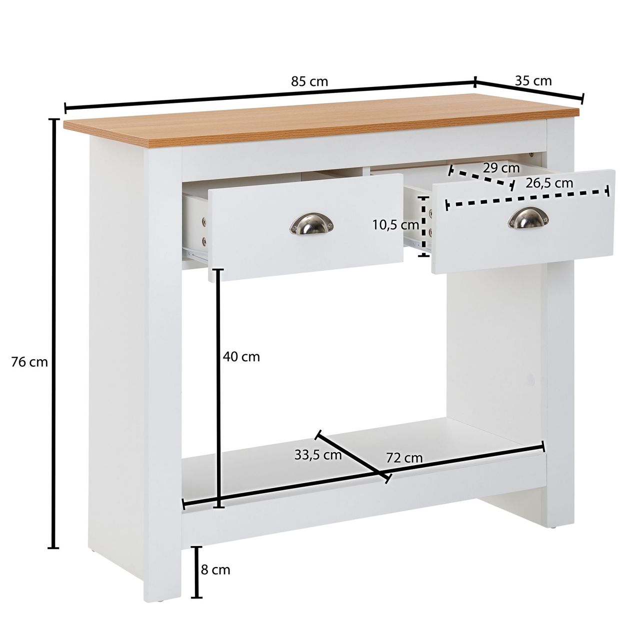 Wohnling Konsolentisch 85x35x76 cm Weiß / Eiche