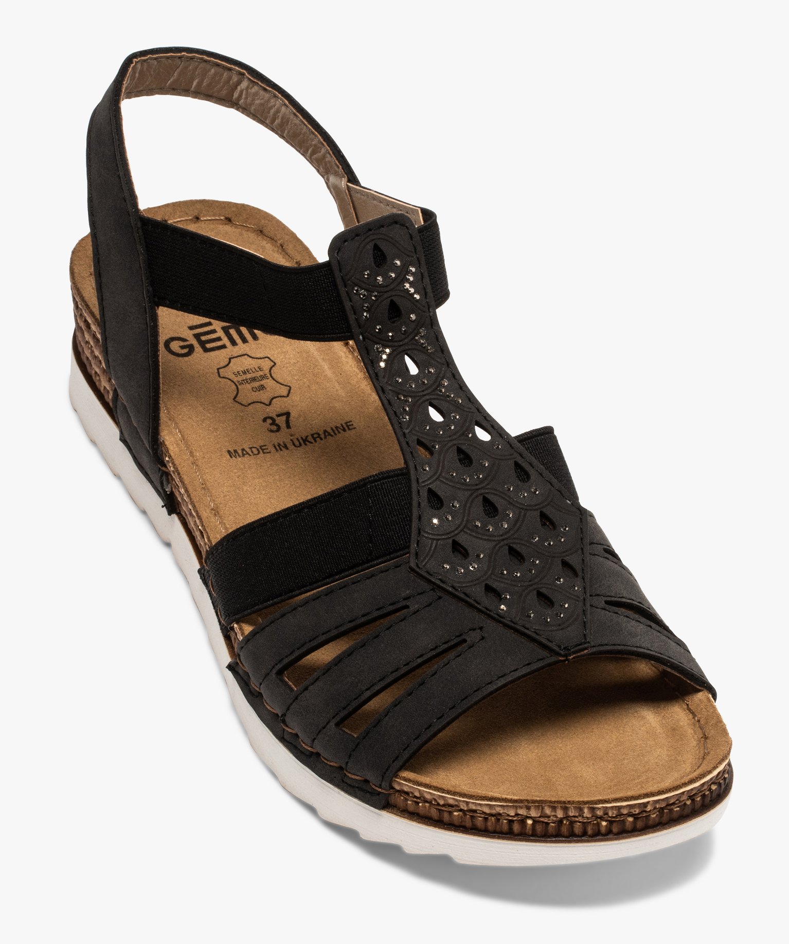 Sandales femme confort à brides élastiques et strass noir | GEMO