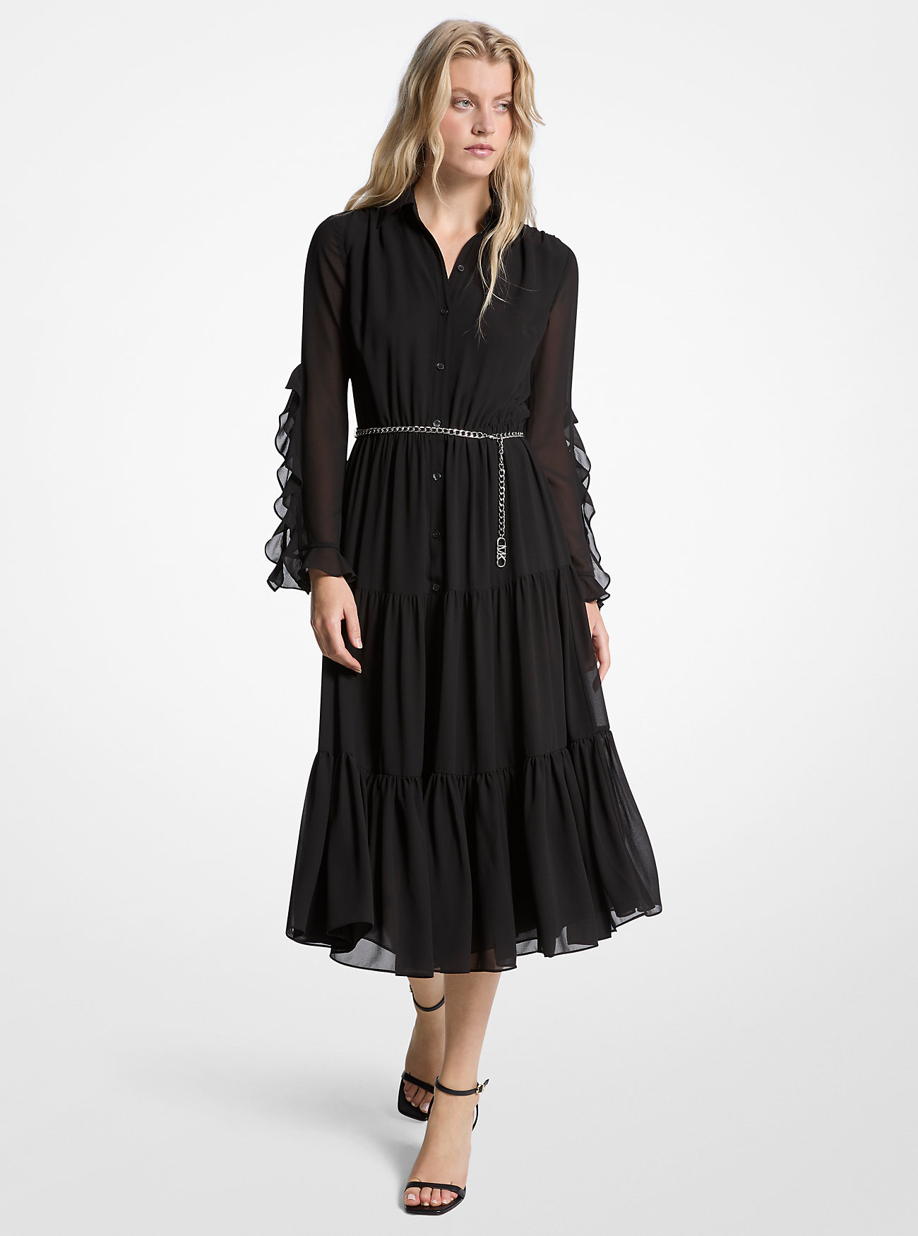Abito midi in georgette con volant - NERO