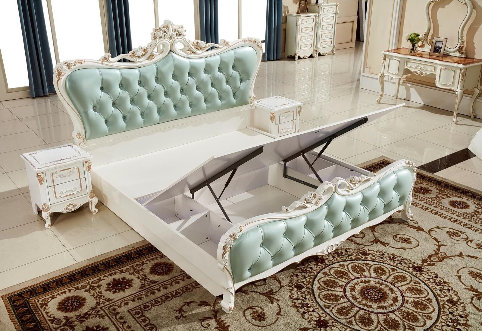 JVmoebel Bett Design Bett Schlafzimmer Blau Chesterfield Betten (Nur Bett), Holzschnitzerei, Mit Chesterfield-Knöpfen