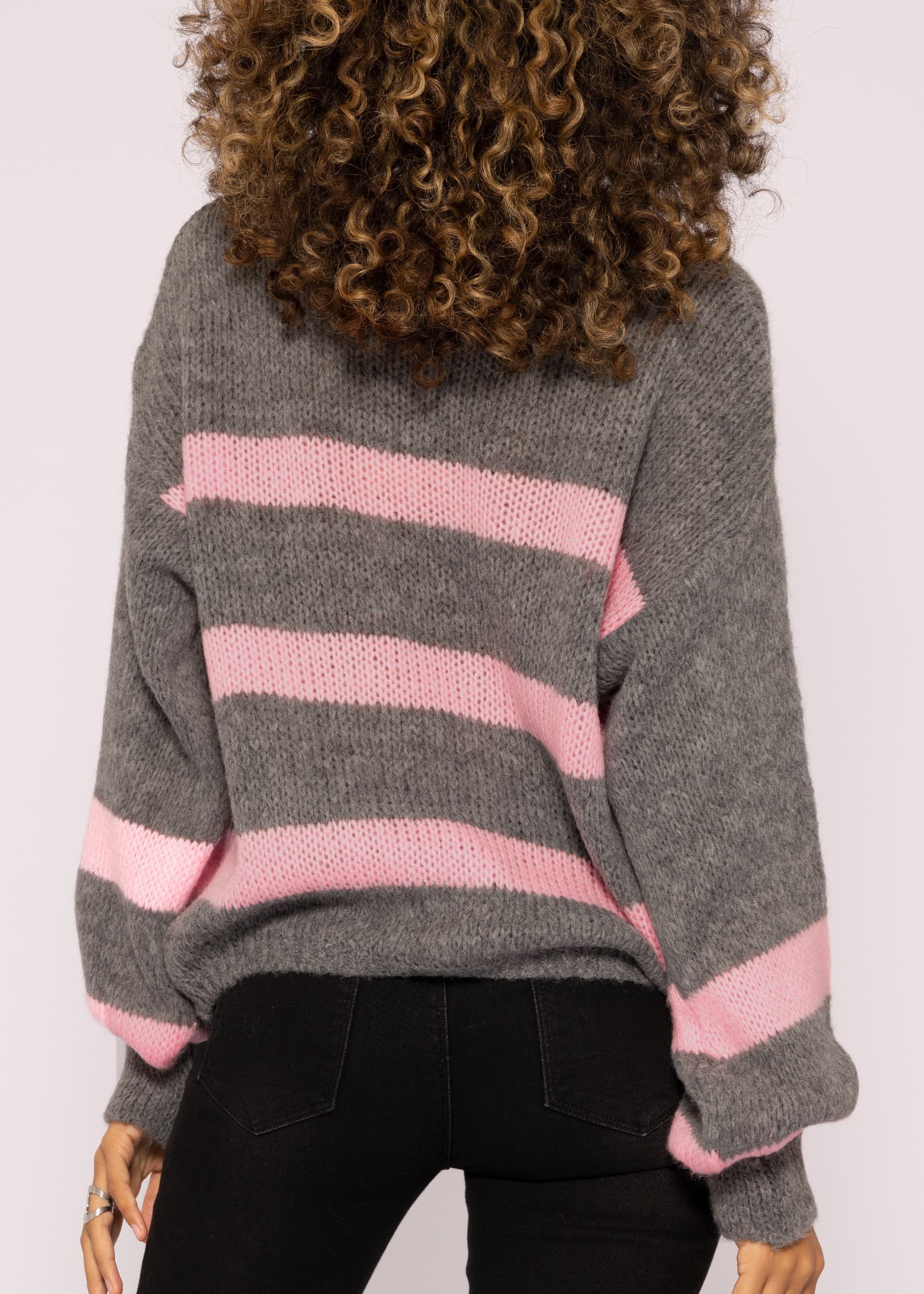 SASSYCLASSY Strickpullover Oversize Pullover Damen aus weichem Grobstrick Lässiger Strickpullover mit Streifen und V-Ausschnitt, Made in Italy