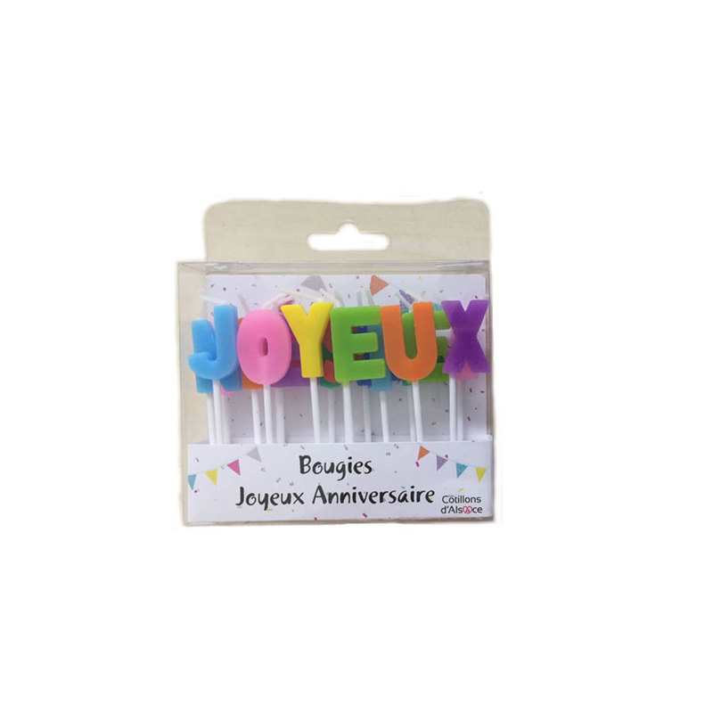 Bougie Joyeux Anniversaire - 18 lettres couleurs avec piques Cotillons d'Alsace