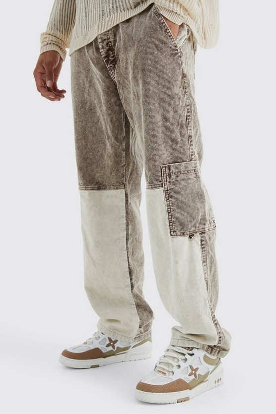 Lockere Colorblock Cord-Cargohose mit Acid-Waschung