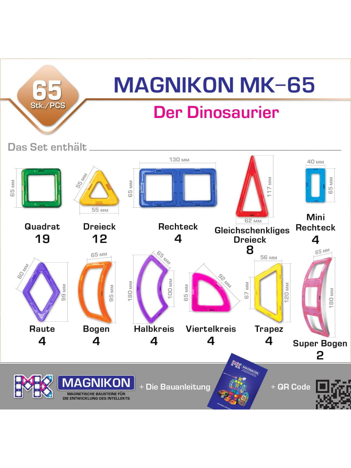 MAGNIKON Magnetische Bausteine MK-65 Der Dinosaurier, 65-Teilig-ab 3 Jahre günstig kaufen onesize