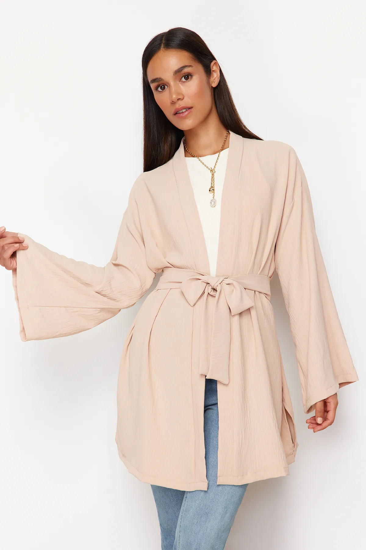 Trendyol Modest  Steingewebter Kimono in Leinenoptik TCTSS24KK00004