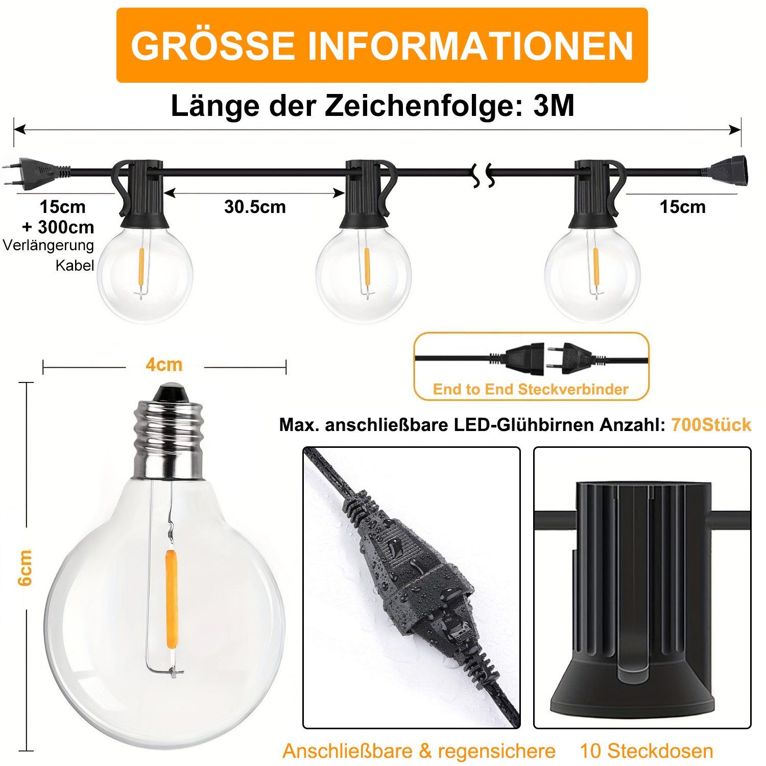 Rosnek LED-Lichterkette G40, Anschließbar, 10/25/30/50 Steckdosen, wasserdicht, für Hinterhof, Veranda Balkon Party Deko