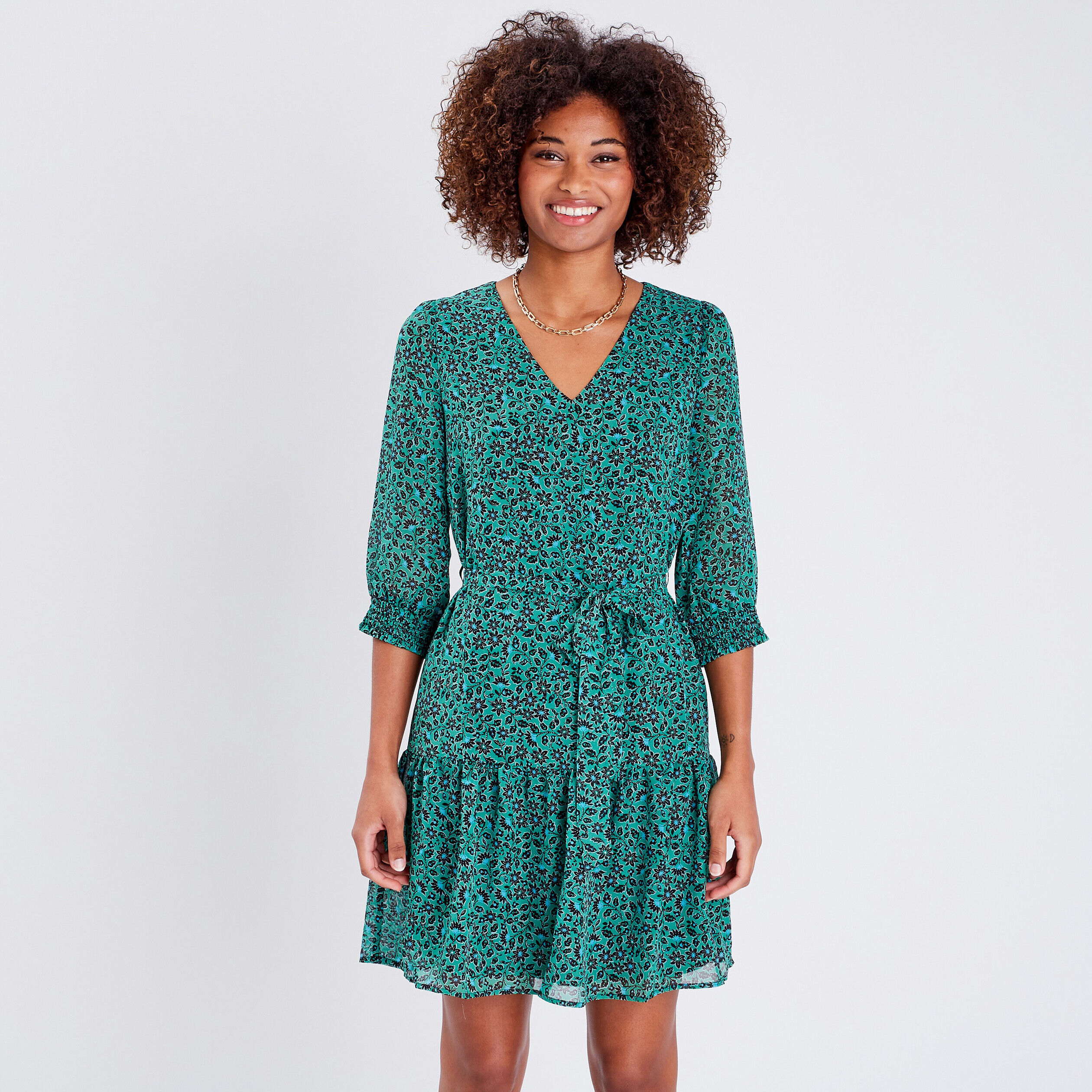 Robe évasée ceinturée vert femme | Cache Cache