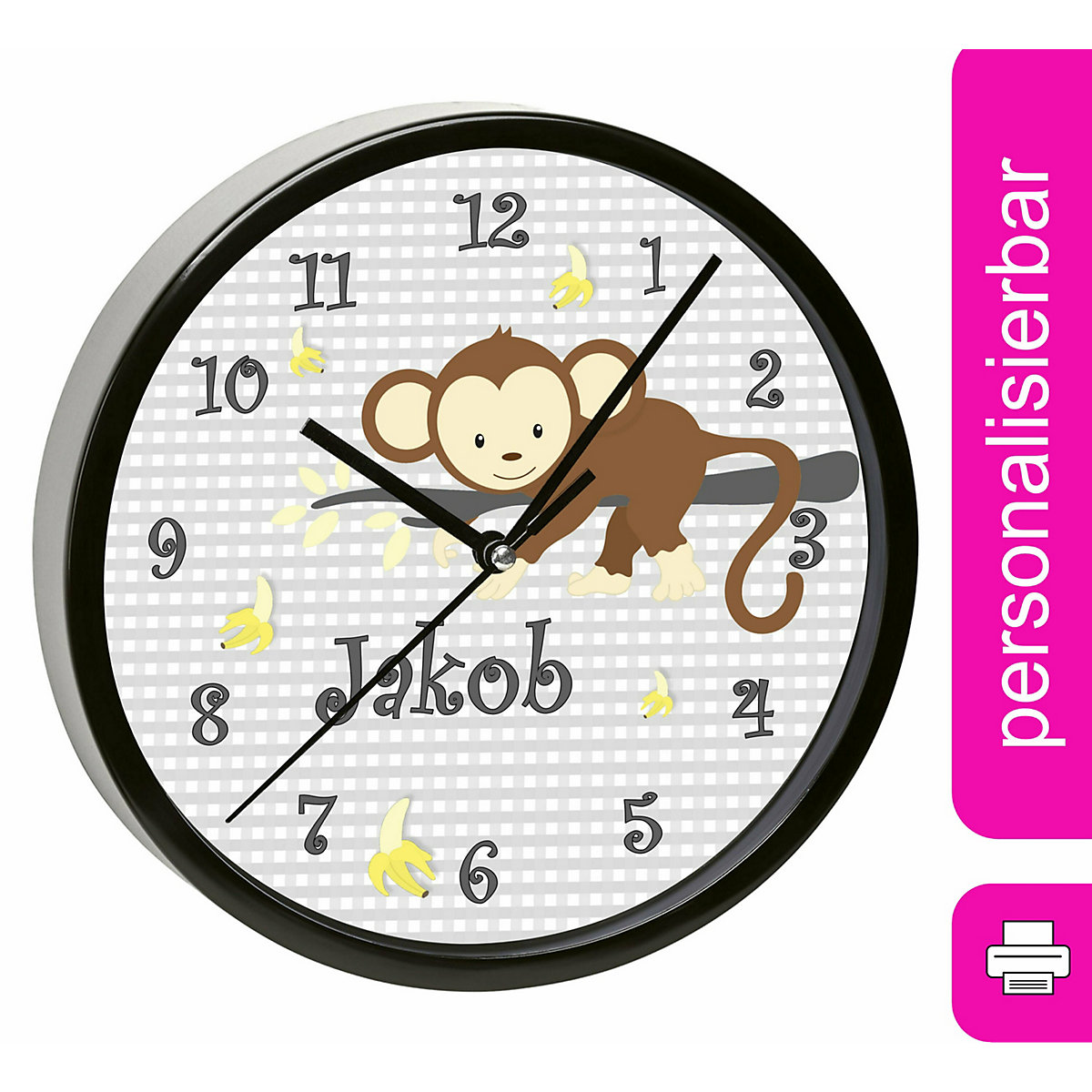 Kinder Wanduhr personalisiert mit Name Affe hängend Grau