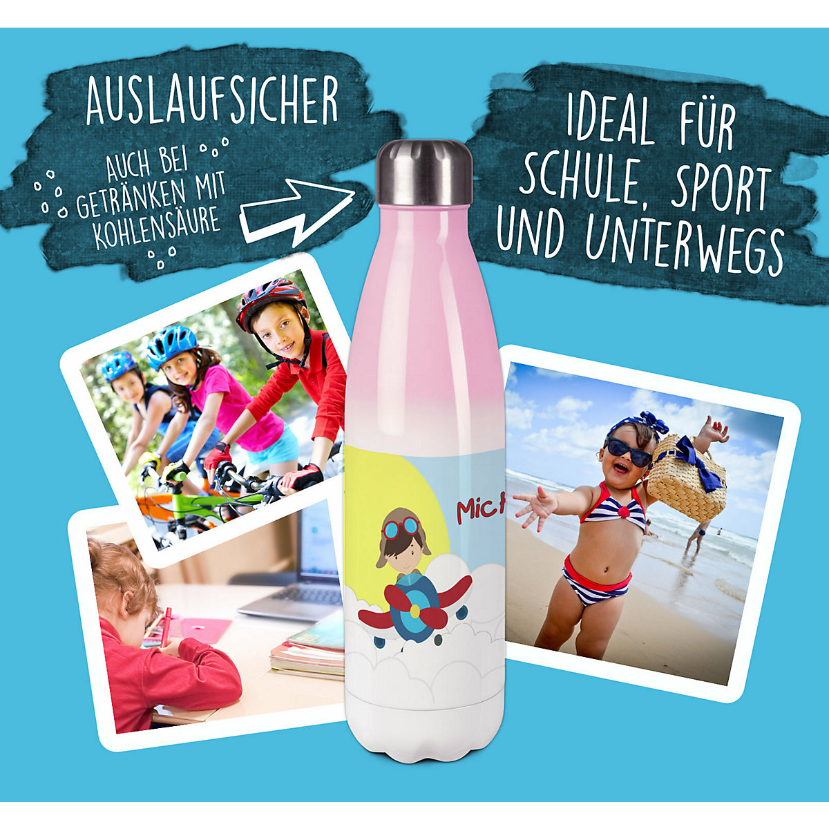 Edelstahl Kinder Thermoflasche / Trinkflasche bunt Flugzeug-Wolken Spülmaschinenfest, Auslaufsicher, Bruchfest, Doppelwandig, Für Heißgetränke geeignet, Mit Deckel, Isoliert
