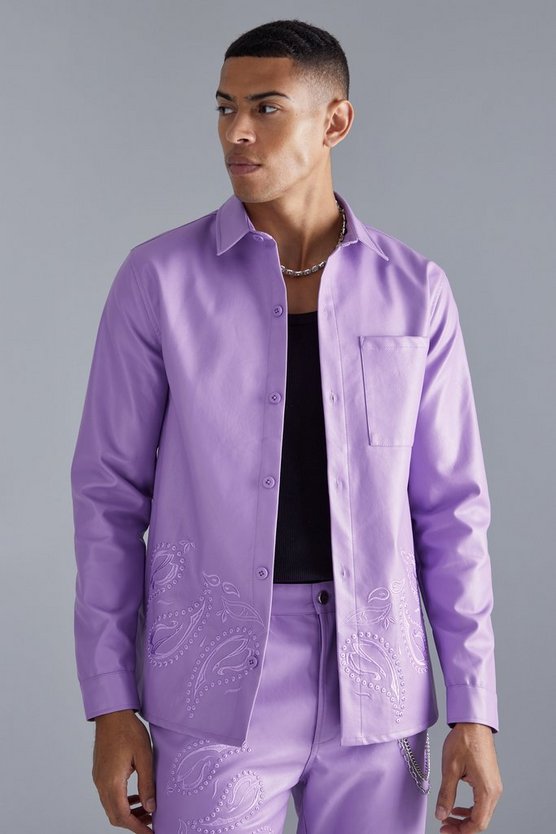 Besticktes PU-Overshirt mit Paisley-Print
