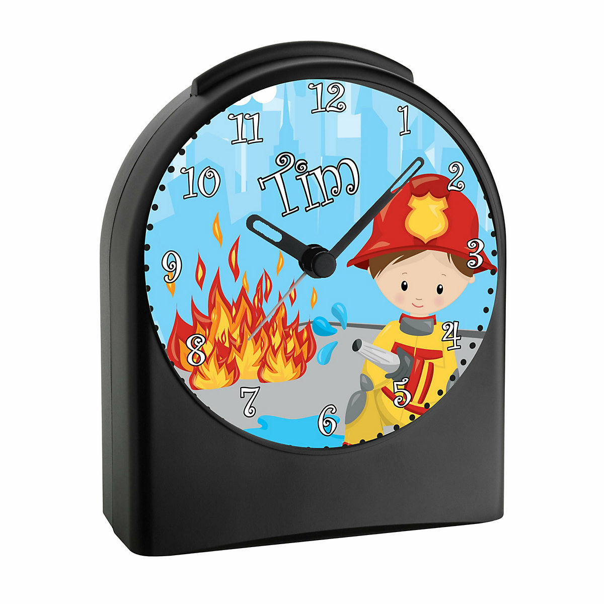 Kinder Funkwecker personalisiert mit Namen Feuerwehrmann Atom-/Funkuhr, 12-Stunden-Anzeigeformat, Schlummerfunktion, Nachtlicht, Geräuschlos/Ohne Ticken