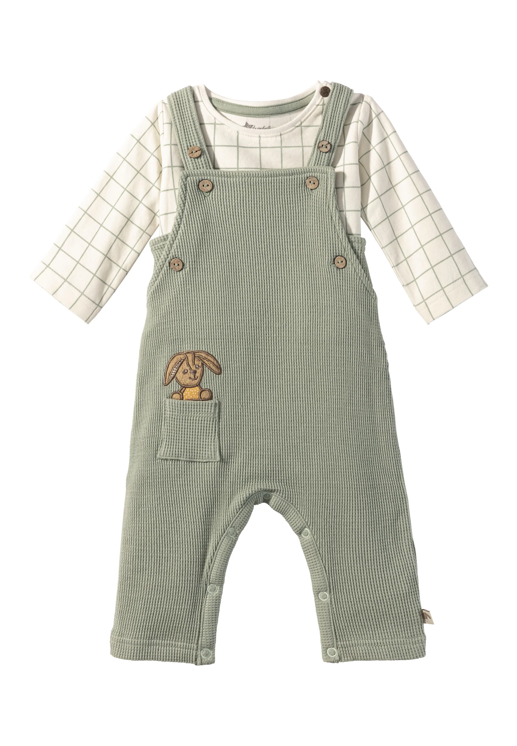 Set Latzhose + Body Hase Happy in steingrün