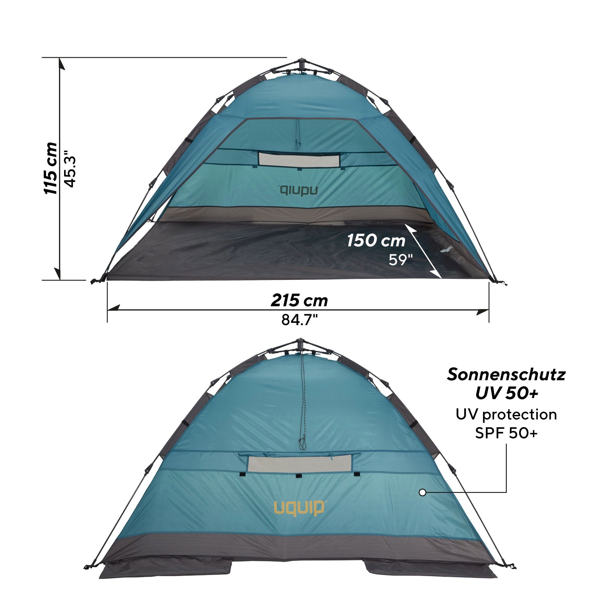UQUIP Strandmuschel Buzzy Strandzelt XL mit UV Schutz 50+ Sonnenschutz, Windschutz, Blau, Personen: 3, einfaches Aufspannen durch Pop-Up System
