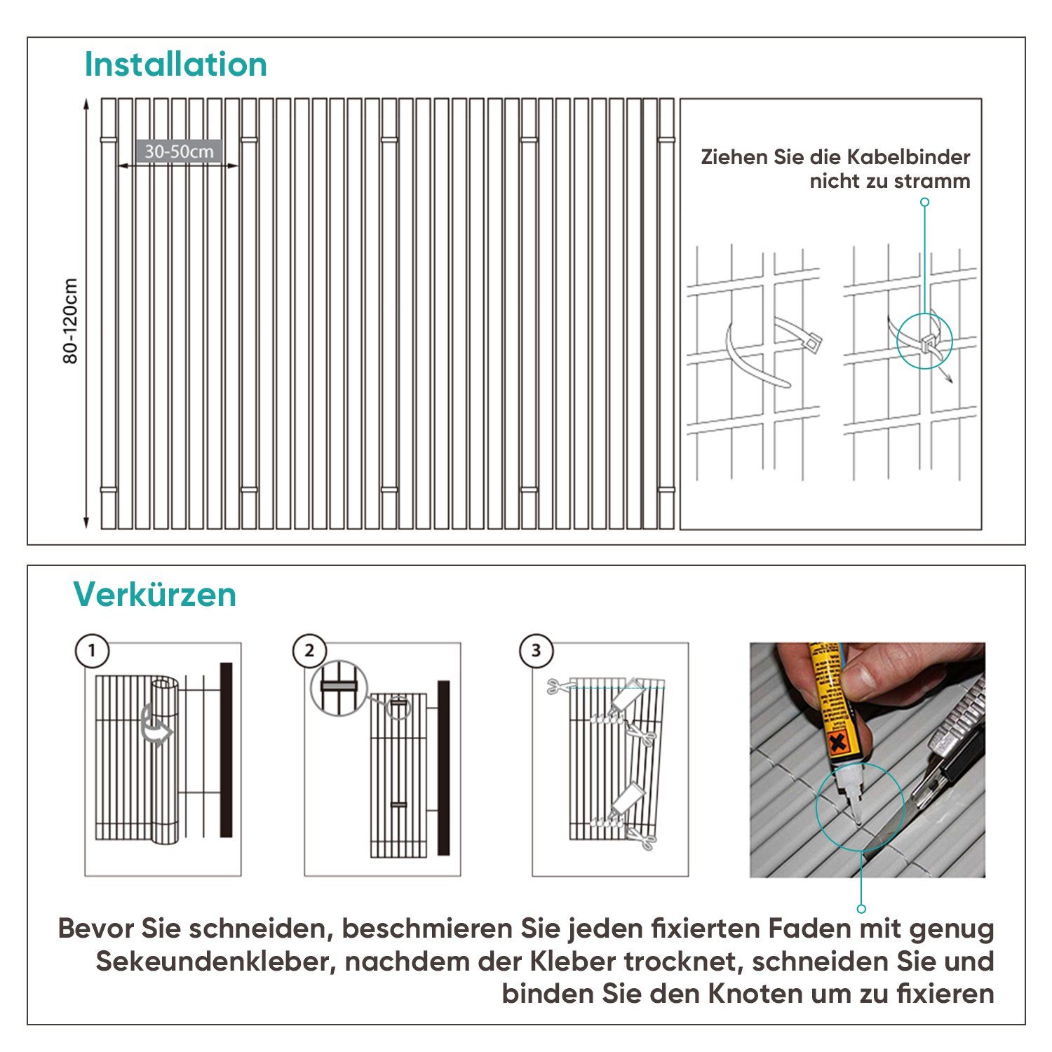 Sekey Balkonsichtschutz PVC Sichtschutzmatte Grau Bambus Sichtschutz Balkon ohne Bohren Zaun Sichtschutz, Windschutz, Sonnenschutz für Balkon, Garten, Terrasse