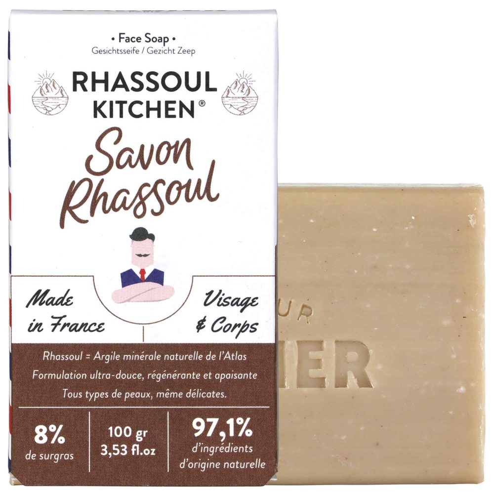 Monsieur Barbier Rhassoul Kitchen Savon équilibrant naturel pour Homme Savon Surgras Visage et Corps à l'Argile Rhassoul