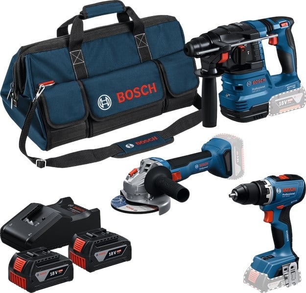 Bosch Blauw 0615A500AH Accutoolkit 3-unelte 18V GSB 18V-65, GBH 18V-2, GWS 18V-11 3x 5.0Ah accu en lader GAL 12V/18V-80 în geantă de scule