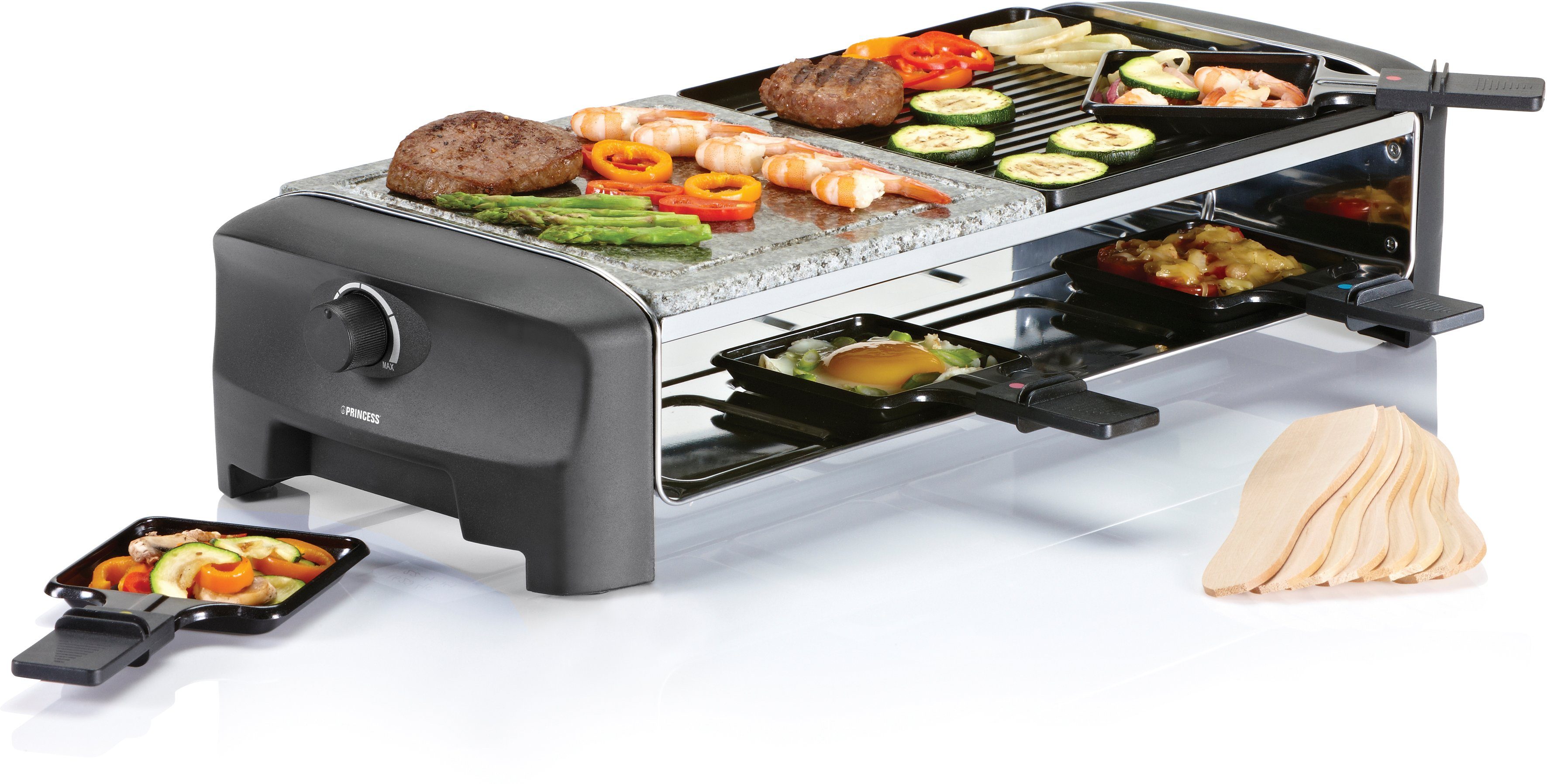 PRINCESS Raclette 8 Stone & Grill Party 162820, 8 Raclettepfännchen, 1300 W