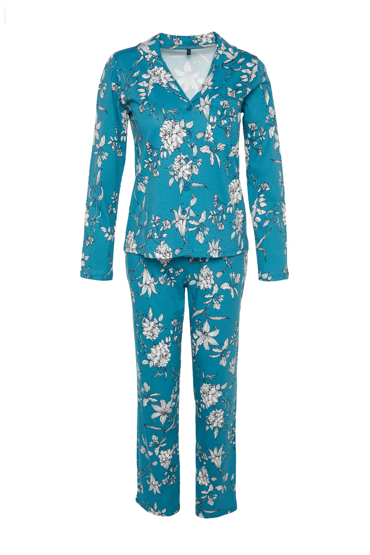 Trendyol Collection  Petrolfarbenes Pyjama-Set aus Hemd und Hose aus 100 % Baumwolle mit Blumenmuster THMAW24PT00133