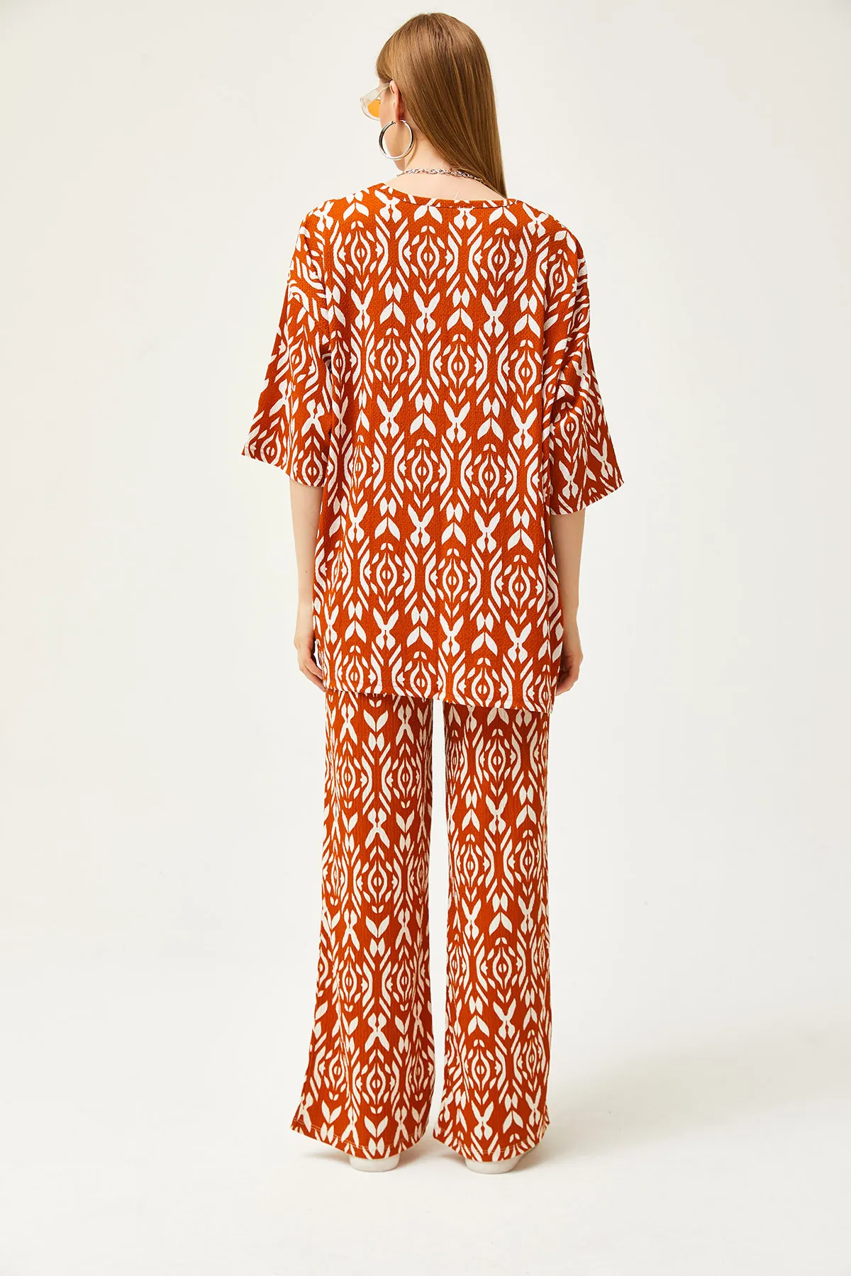 Olalook  Damen Zimt Oberteil Kimono Unterteil Hose Gemusterter Anzug TKM-19000279