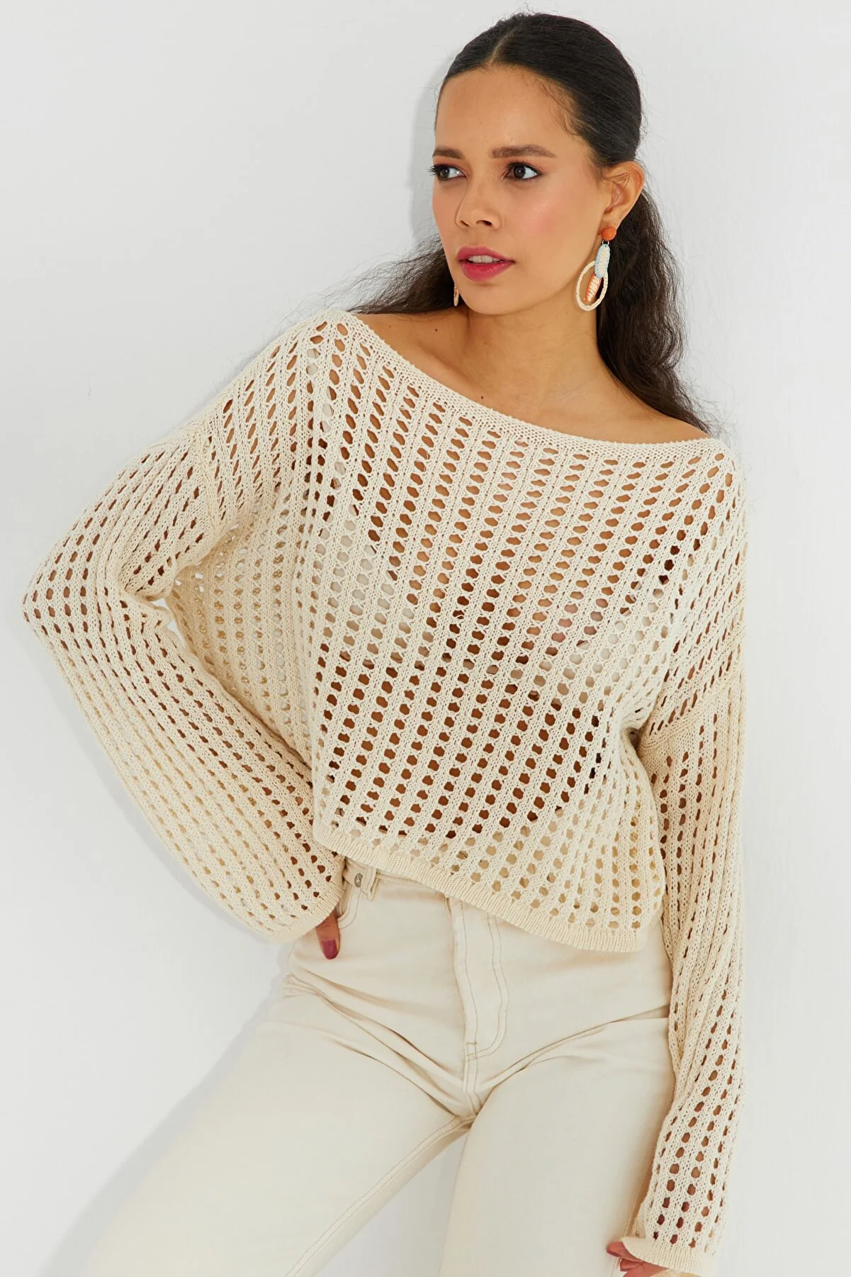 Cool & Sexy  Ecrufarbene, durchbrochene Strick-Kurzbluse mit spanischen Ärmeln für Damen SMT181