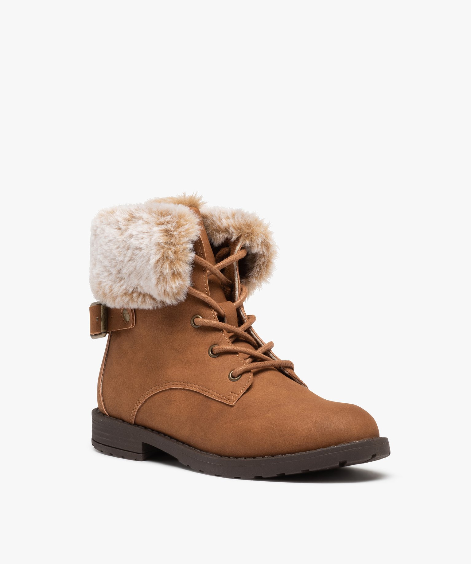 Bottines fille unies avec col fourré fermeture lacets camel | GEMO