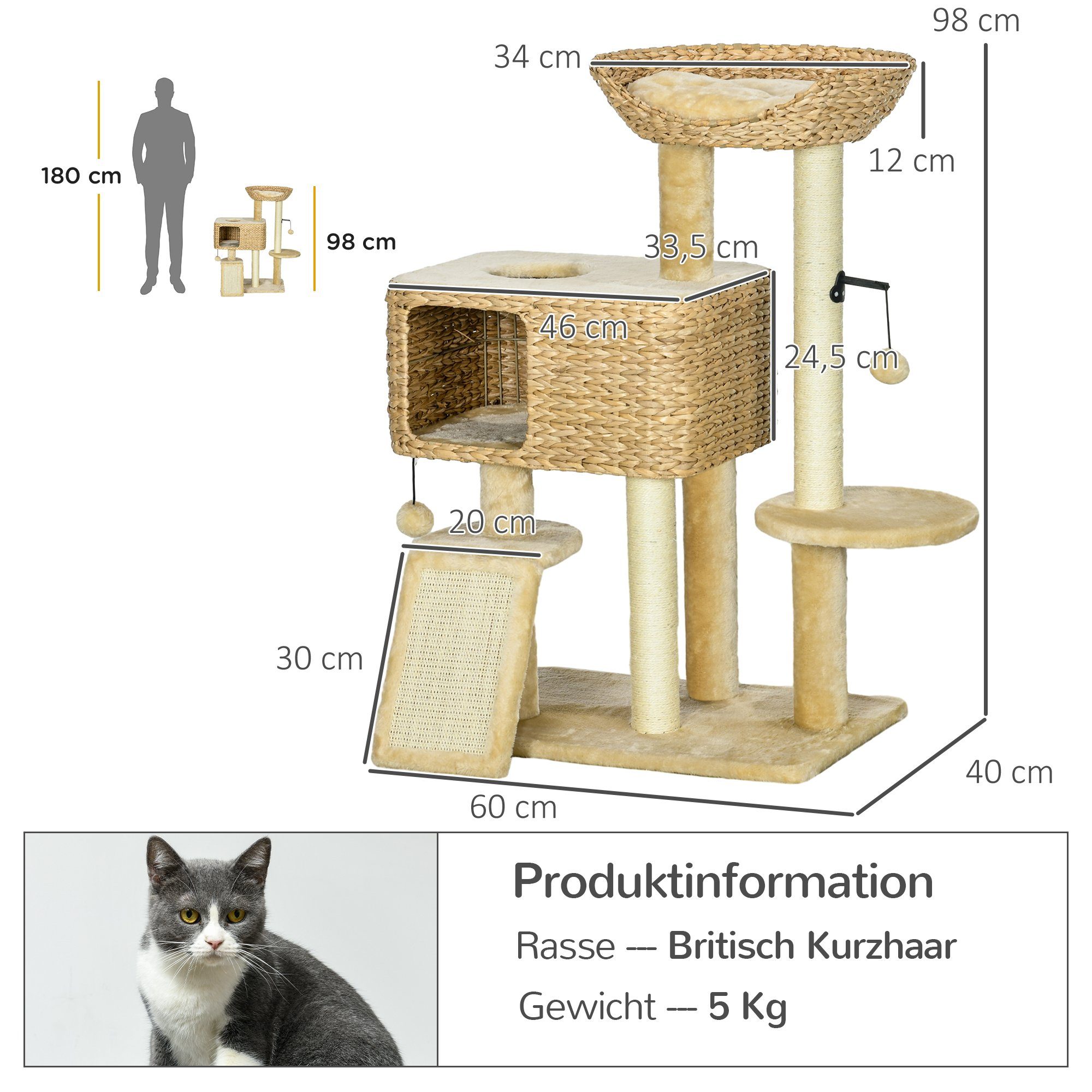 PawHut Kratzbaum Katzenbaum mit 2 Leigefläche Katzenmöbel Wasserhyazinthe, Sisal, Beige, 60L x 40B x 98H cm