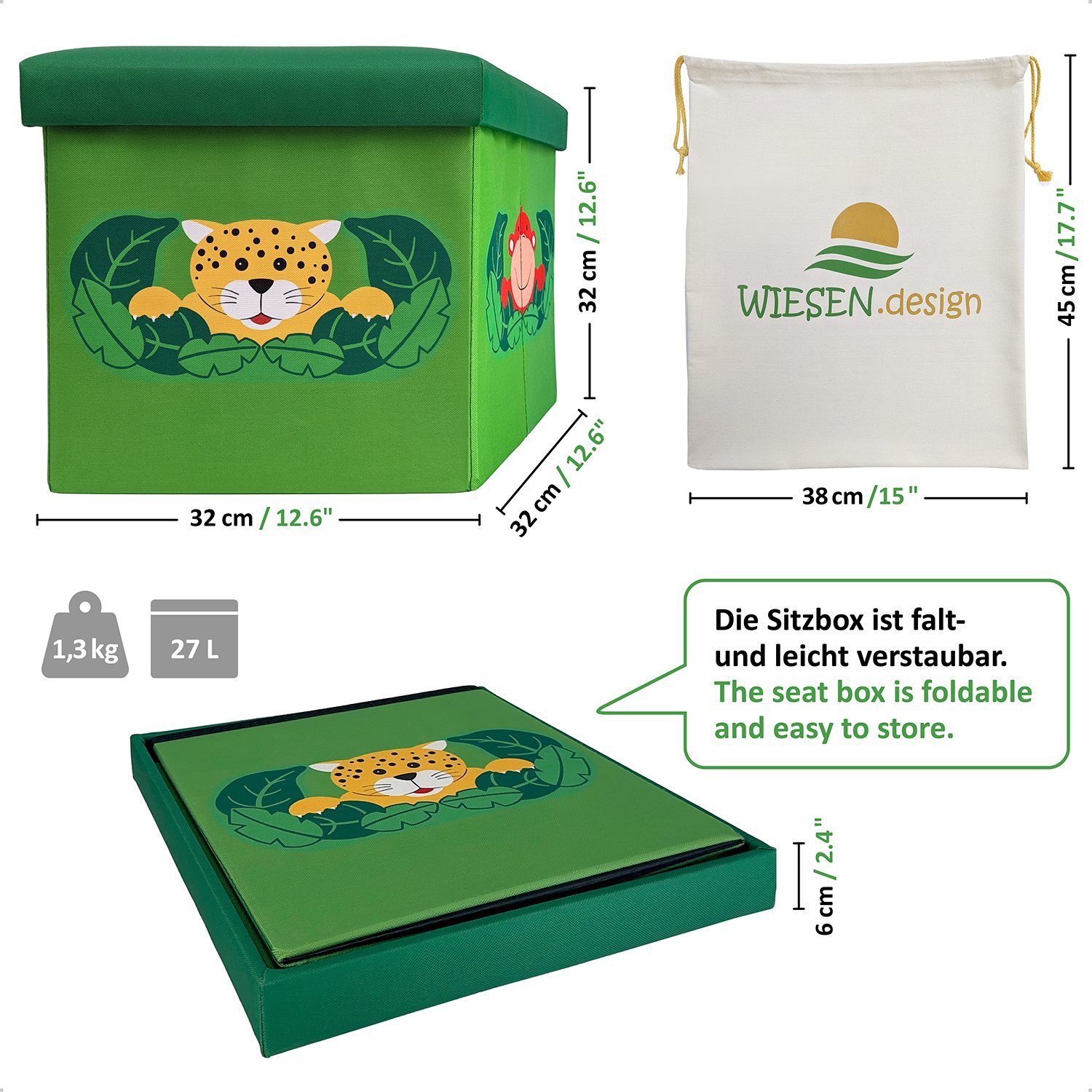 WIESEN.design Spielzeugtruhe Sitzbox Dschungel für Spielzeug Aufbewahrung, 32x32x32cm, 27L, (geeignet für Kallax-Regale), Belastbar mit 150kg, inkl. eines Baumwollsacks, gratis Versand