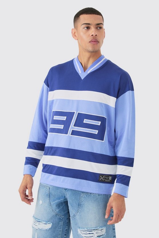 Langärmliges Colorblock Mesh T-Shirt mit V-Ausschnitt