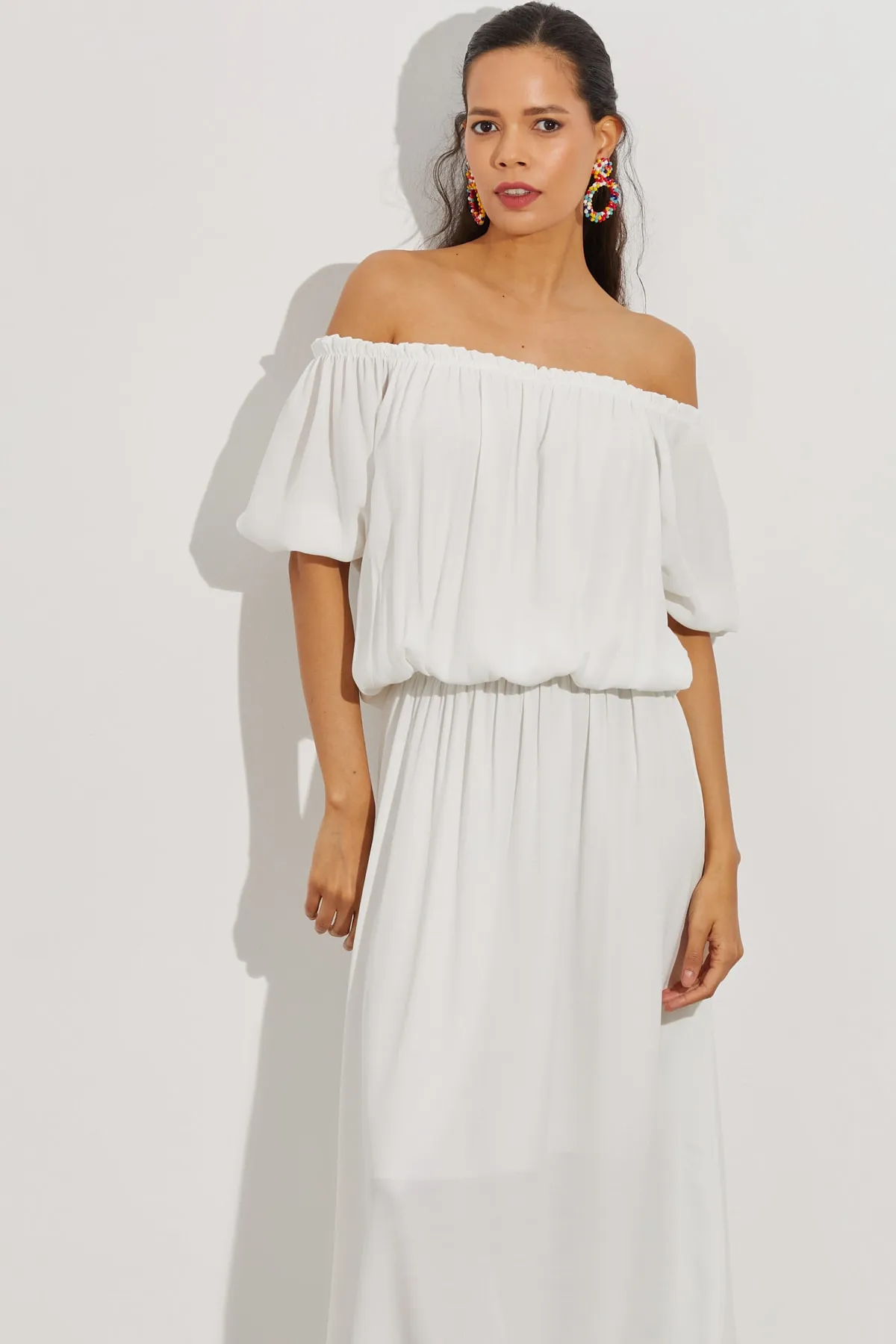 Cool & Sexy  Weißes, gefüttertes Midikleid mit Madonna-Kragen für Damen BK261062
