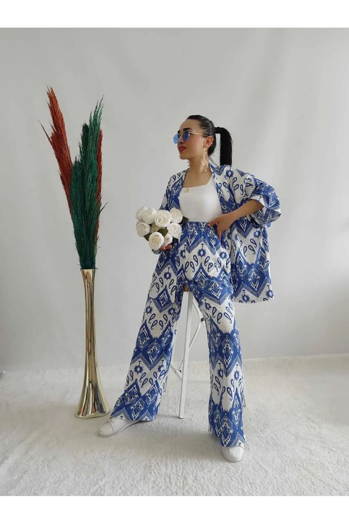 ZF BUTİK  Größe 10 Modisches gemustertes Doppel-Kimono-Set (bequeme Passform) 10nmr170