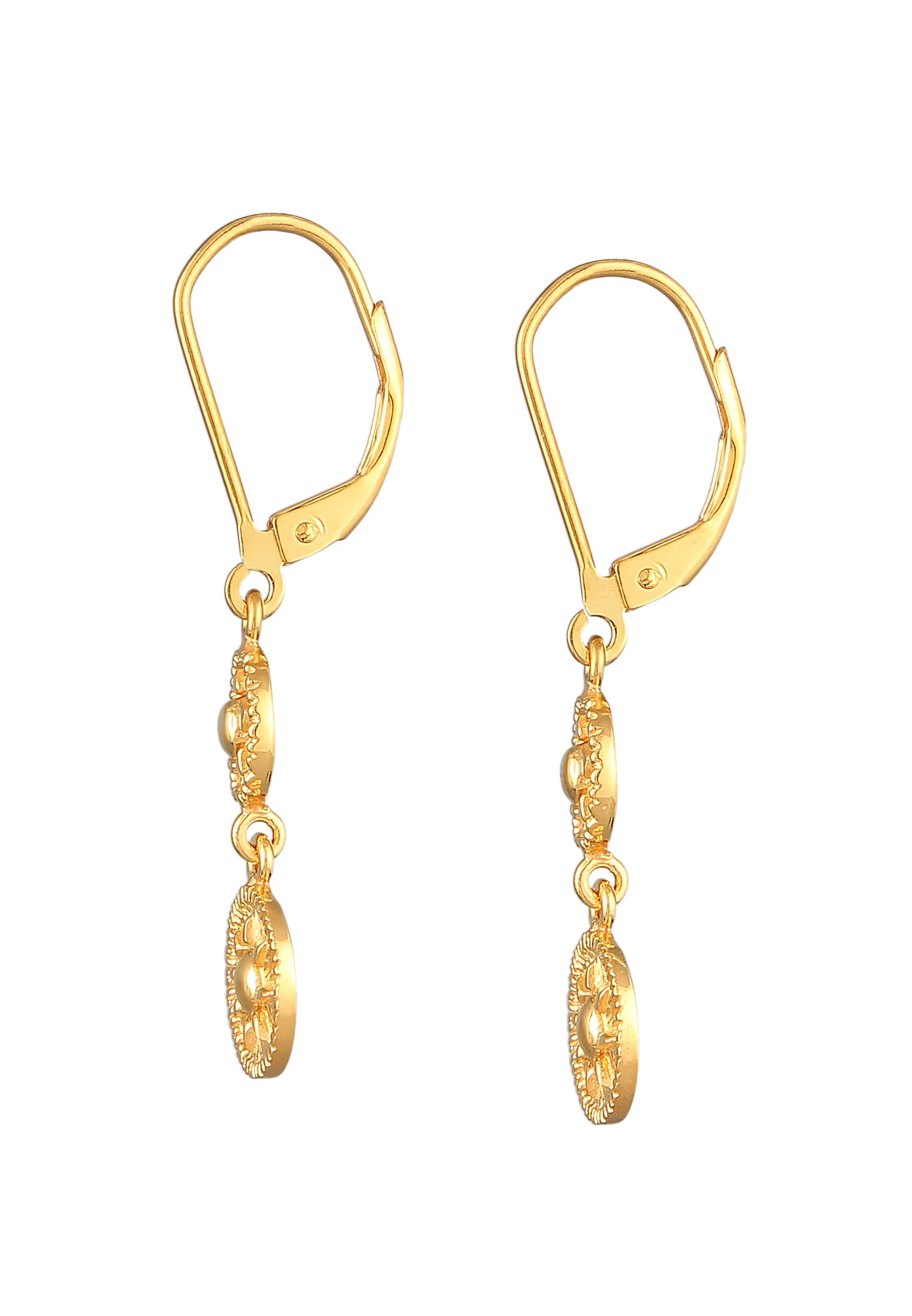 Pendientes colgantes Elli para mujer con forma de moneda de sol antigua en plata de ley 925 chapada en oro.