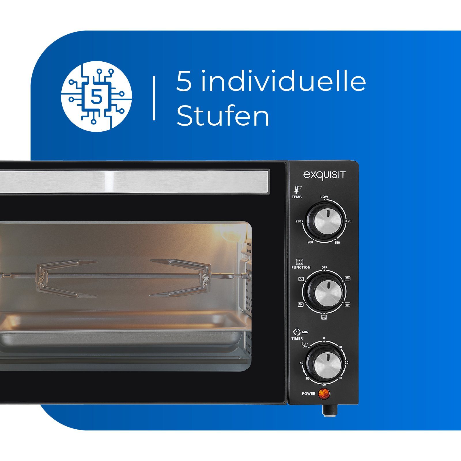 exquisit Minibackofen MO 3302 sw, 1500 Watt Minibackofen, inkl. Timer und motorischer Drehspieß