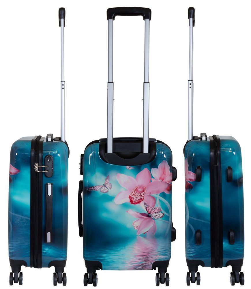 Trendyshop365 Hartschalen-Trolley Orchidee, bunter Koffer mit Blumen-Motiv, 3 Größen, 4 Rollen, Zahlenschloss, Polycarbonat, Dehnfalte